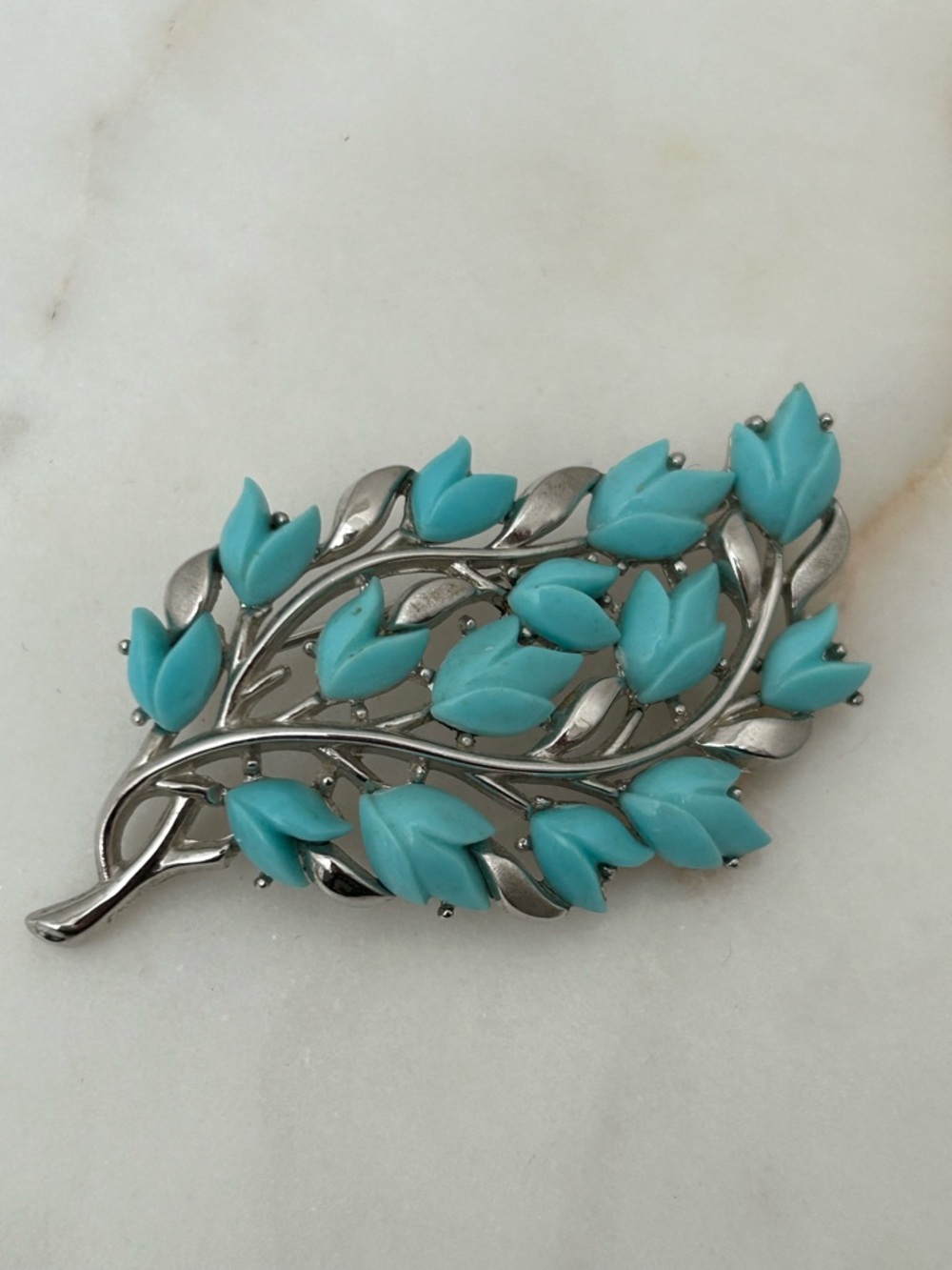 Crown Trifari Turquoise Tulip Brooch in a Silver-tone setting